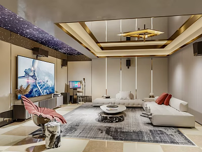 Modern Home Theater with Starry Ceiling Gold Accents Large TV White Sofa and Pink Armchair 3d model