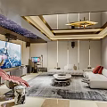 Modern Home Theater with Starry Ceiling Gold Accents Large TV White Sofa and Pink Armchair