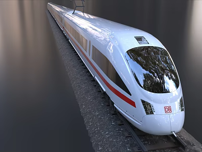 Modern High Speed Train With Streamlined Front White Body Red Stripe On Railway Track 3d model