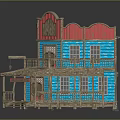 Western Style Wooden House with Blue Walls Red Roof Accents Wooden Balcony Porch and Steps