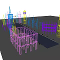 Colorful Neon Outline Buildings With Spires And Tower Structures In Night Scene