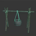 Rustic Wooden Stand With Hanging Metal Pot As Essential Household Item