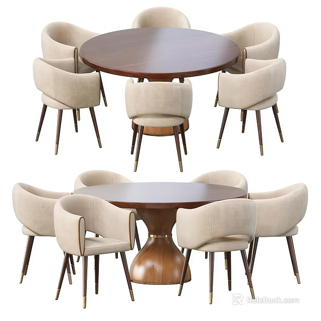 Modern Round Wooden Dining Table Set With Six Beige Upholstered Chairs 3d model 