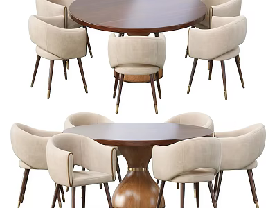 Modern Round Wooden Dining Table Set With Six Beige Upholstered Chairs 3d model