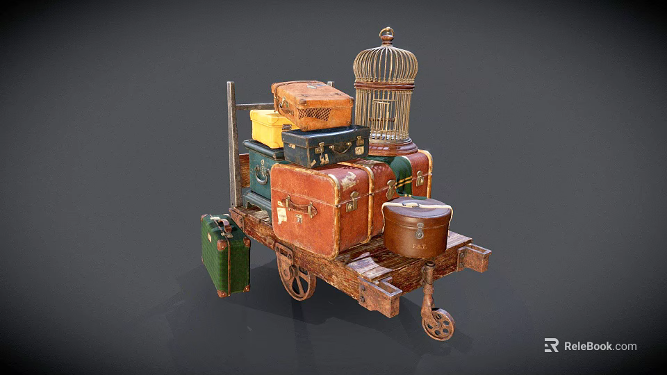 Vintage Colorful Suitcases Stacked On Old Fashioned Wooden Cart With Decorative Birdcage 3d model 