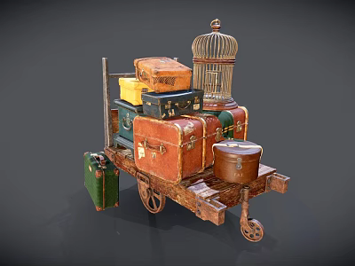Vintage Colorful Suitcases Stacked On Old Fashioned Wooden Cart With Decorative Birdcage 3d model