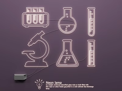 Neon Lamp Set With Laboratory Elements Test Tubes Beakers And Microscope 3d model