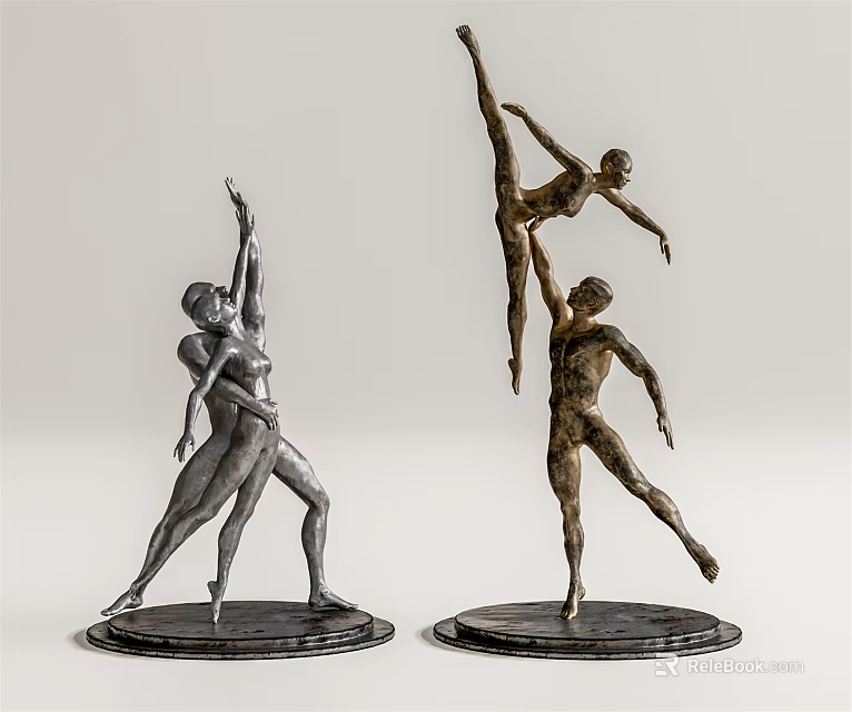 Silver And Bronze Ballet Dancer Sculptures In Dynamic Poses On Circular Bases 3d model