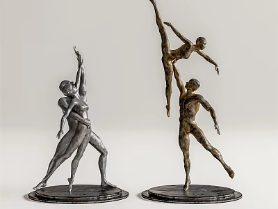 Silver And Bronze Ballet Dancer Sculptures In Dynamic Poses On Circular Bases 3d model