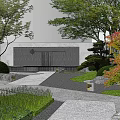 Serene Garden Landscape With Red Maple Trees Stone Pathway And Decorative Wall 3d model