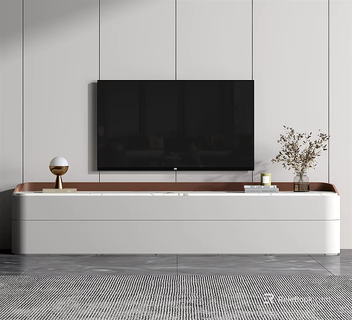 Modern White and Brown TV Stand with Mounted TV Decorative Sphere Books and Flower Vase 3d model 