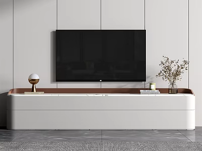 Modern White and Brown TV Stand with Mounted TV Decorative Sphere Books and Flower Vase 3d model