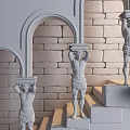 Greek Mythology Style Decorative Ornament Set with Statues on Stone Steps and Arches