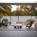 Outdoor Garden Landscape With Wooden Deck White Sofa Wooden Chairs Round Coffee Table And Greenery