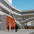 Modern School Building Featuring Multi Level Structure Green Courtyard And Walking Pedestrians