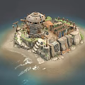 Vibrant Cartoon Seaside Stone Hut Scene With Rocks Hanging Clothes Barrels Wagon Wheel and Shed