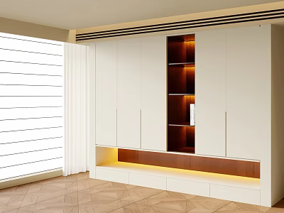 Modern White Wardrobe Interior Design With Built in Lighting Open Shelves Wooden Base And Drawers 3d model