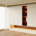 Modern White Wardrobe Interior Design With Built in Lighting Open Shelves Wooden Base And Drawers