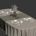 Elegant Dining Table Setup With Beige Tablecloth Table Runner Vase And Tableware 3d model