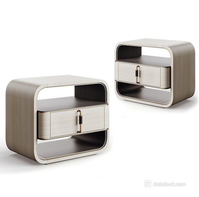 Elegant Modern Wooden Nightstands With Drawer Metal Handle And Open Shelf 3d model 