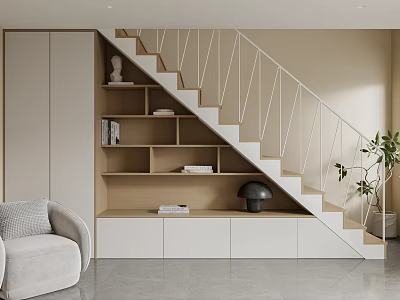 Modern Staircase Design With Wooden Steps Metal Railings Storage Space And Bookshelves Interior 3d model