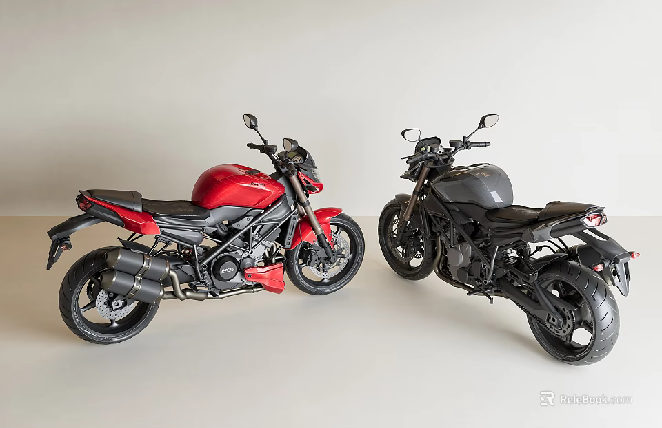 Red and Black Motorcycles Parked Side by Side in Minimalist Background 3d model