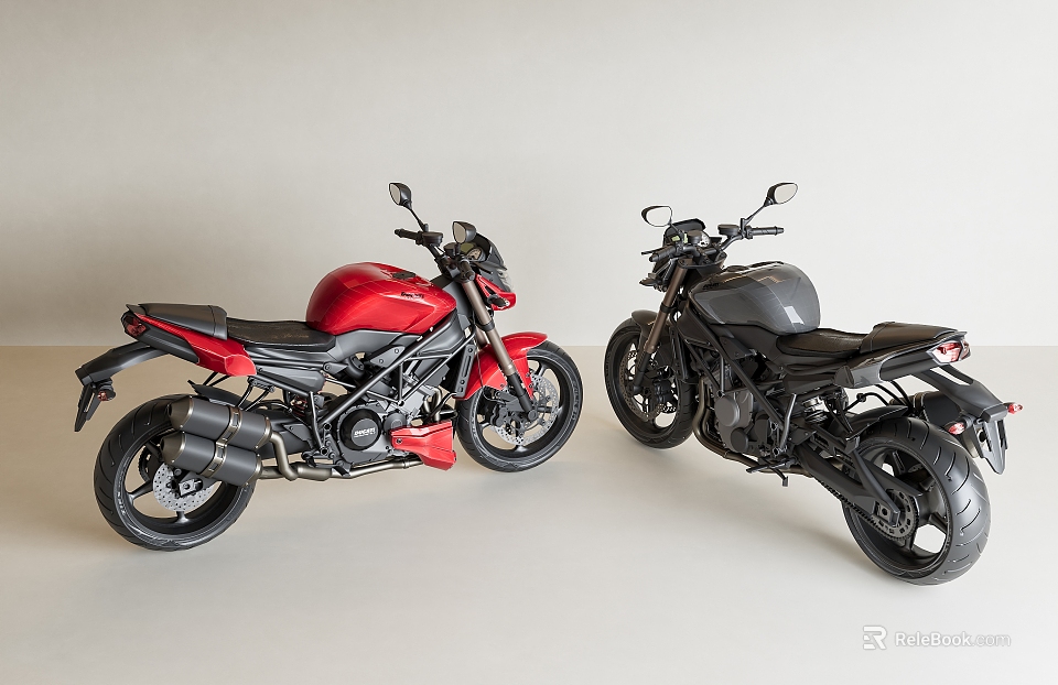 Red and Black Motorcycles Parked Side by Side in Minimalist Background 3d model 