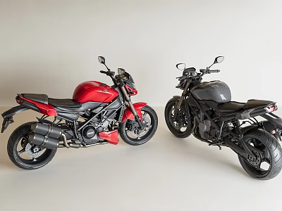 Red and Black Motorcycles Parked Side by Side in Minimalist Background 3d model