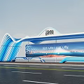 Modern Blue Wave Designed Station Entrance With Glass Facade And City View