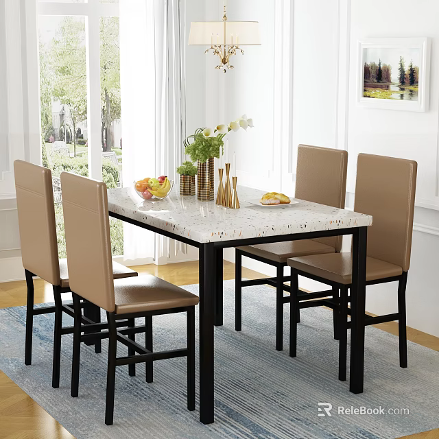 Modern Dining Room Table With Brown Chairs Fruits Vase And Window Curtains 3d model 