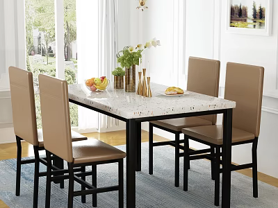 Modern Dining Room Table With Brown Chairs Fruits Vase And Window Curtains 3d model