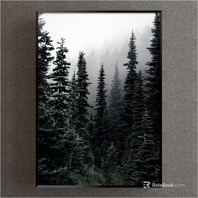 Serene Misty Forest Landscape Painting Featuring Tall Pine Trees And Dense Greenery 3d model 