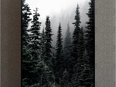 Serene Misty Forest Landscape Painting Featuring Tall Pine Trees And Dense Greenery 3d model
