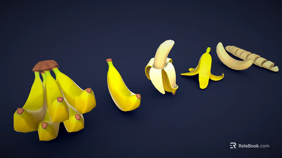 Fresh Bananas in Various Stages of Peeled and Unpeeled Arranged on Dark Background 3d model 