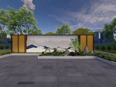 Scenic Wall With Mountain Pattern Surrounded By Trees Stones And Green Plants 3d model
