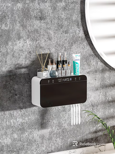 Wall Mounted Bathroom Cabinet Rack With Skincare Products And Round Mirror On Gray Wall 3d model 