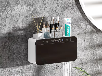 Wall Mounted Bathroom Cabinet Rack With Skincare Products And Round Mirror On Gray Wall 3d model