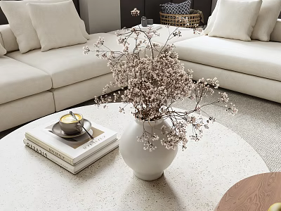 Modern Minimalist Living Room Table with White Vase Dried Flowers Books and Teacup 3d model