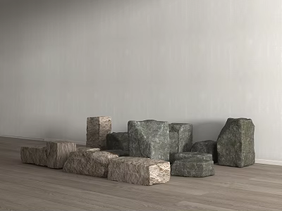 Natural Stones And Wood With Various Shapes And Sizes On Wooden Floor And Gray Wall 3d model