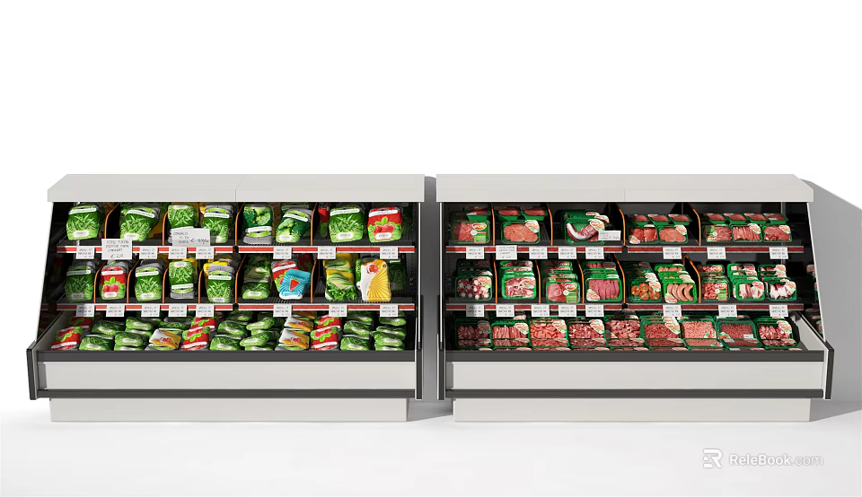 Transparent Display Freezers With Side By Side Green And Red Packaged Foods Neatly Arranged 3d model 