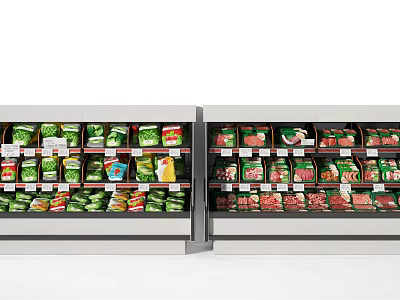 Transparent Display Freezers With Side By Side Green And Red Packaged Foods Neatly Arranged 3d model