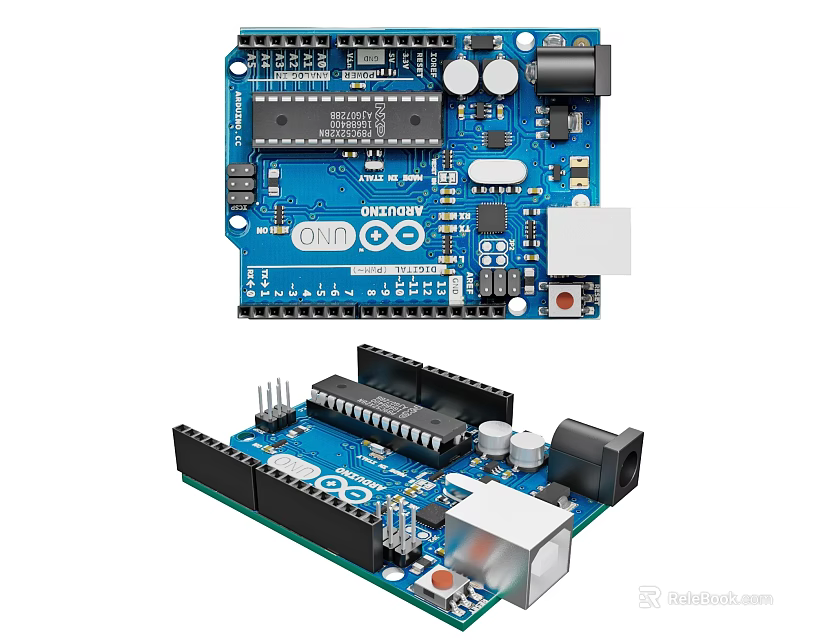 Arduino Development Board Blue Circuit Board With Electronic Components And Two Angle Views 3d model