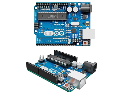 Arduino Development Board Blue Circuit Board With Electronic Components And Two Angle Views 3d model