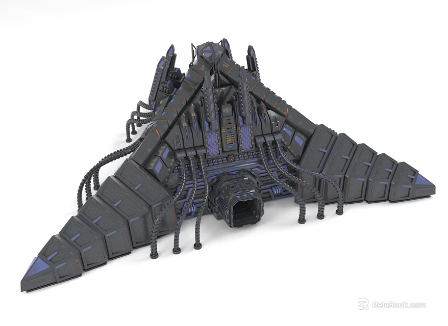 Futuristic Sci Fi Architectural Structure With Black Blue Mechanical Design Triangular Shape And Cables 3d model 