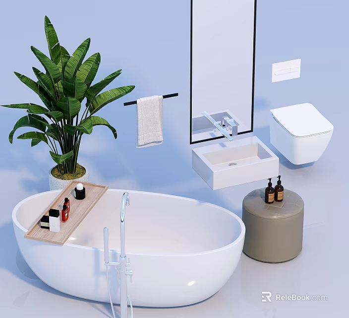 Modern Bathroom Suite With White Bathtub Sink Toilet Plant And Towel Rack 3d model 