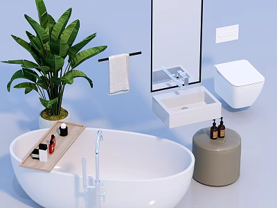 Modern Bathroom Suite With White Bathtub Sink Toilet Plant And Towel Rack 3d model