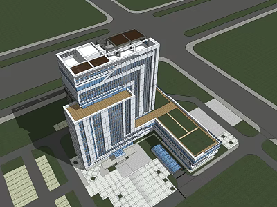 Modern Multi Story Office Building With Glass Facade And Rooftop Design Surrounding Plaza And Roads 3d model