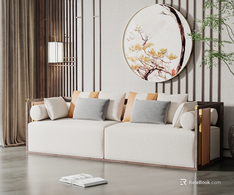 Elegant Chinese Modern Two Seater Sofa With Beige Upholstery Wooden Frame And Gray Throw Pillows 3d model 