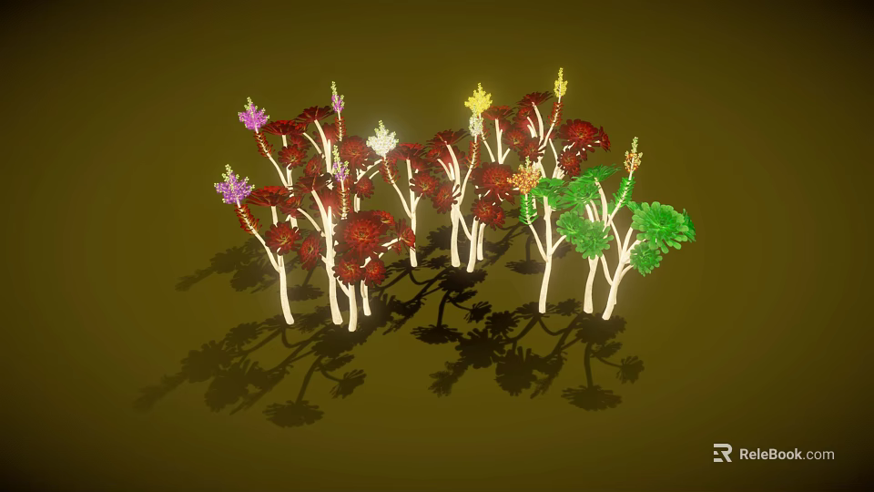 Colorful Decorative Plants with Red Pink Yellow Green Flowers White Stems and Cast Shadows 3d model 
