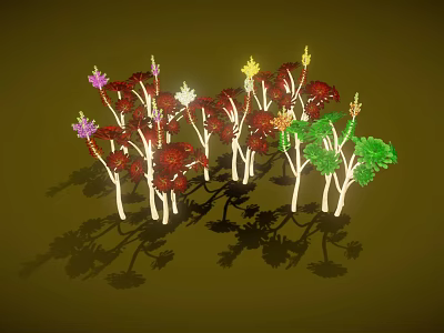 Colorful Decorative Plants with Red Pink Yellow Green Flowers White Stems and Cast Shadows 3d model